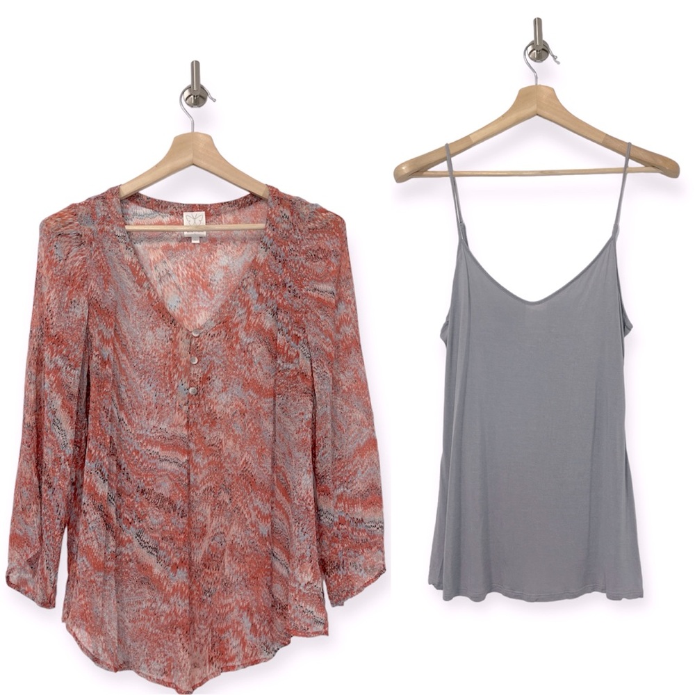Ella Moss Silk Textured Print Blouse and Gray Tank Size Large L Boho